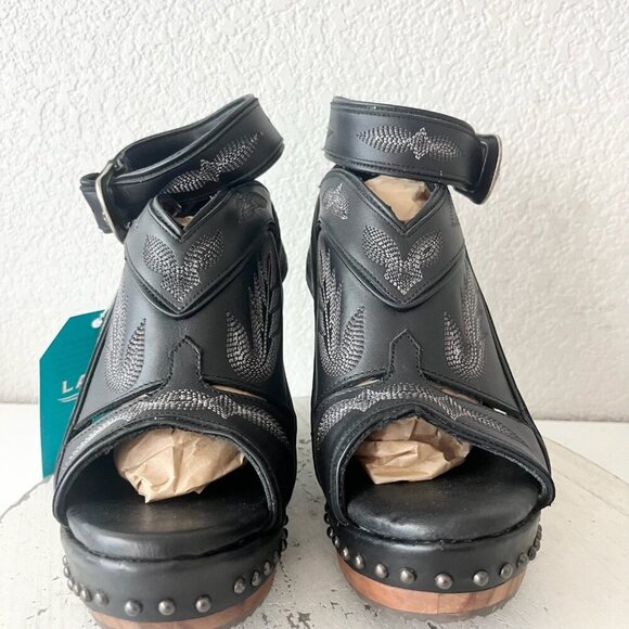 Lane Boots LEXINGTON Womens Black Wedges 9 Western Sandals Cowgirl Wooden Heel - Picture 5 of 11